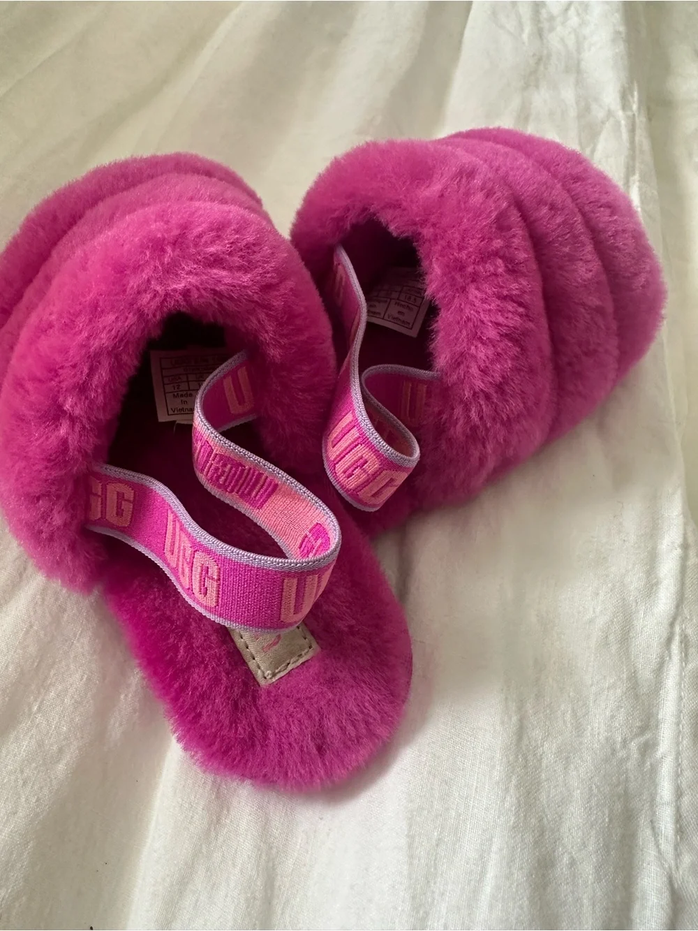 UGG Kids Hot Pink Fluffy Slide Sandals with Back Strap size 12 toddler girls